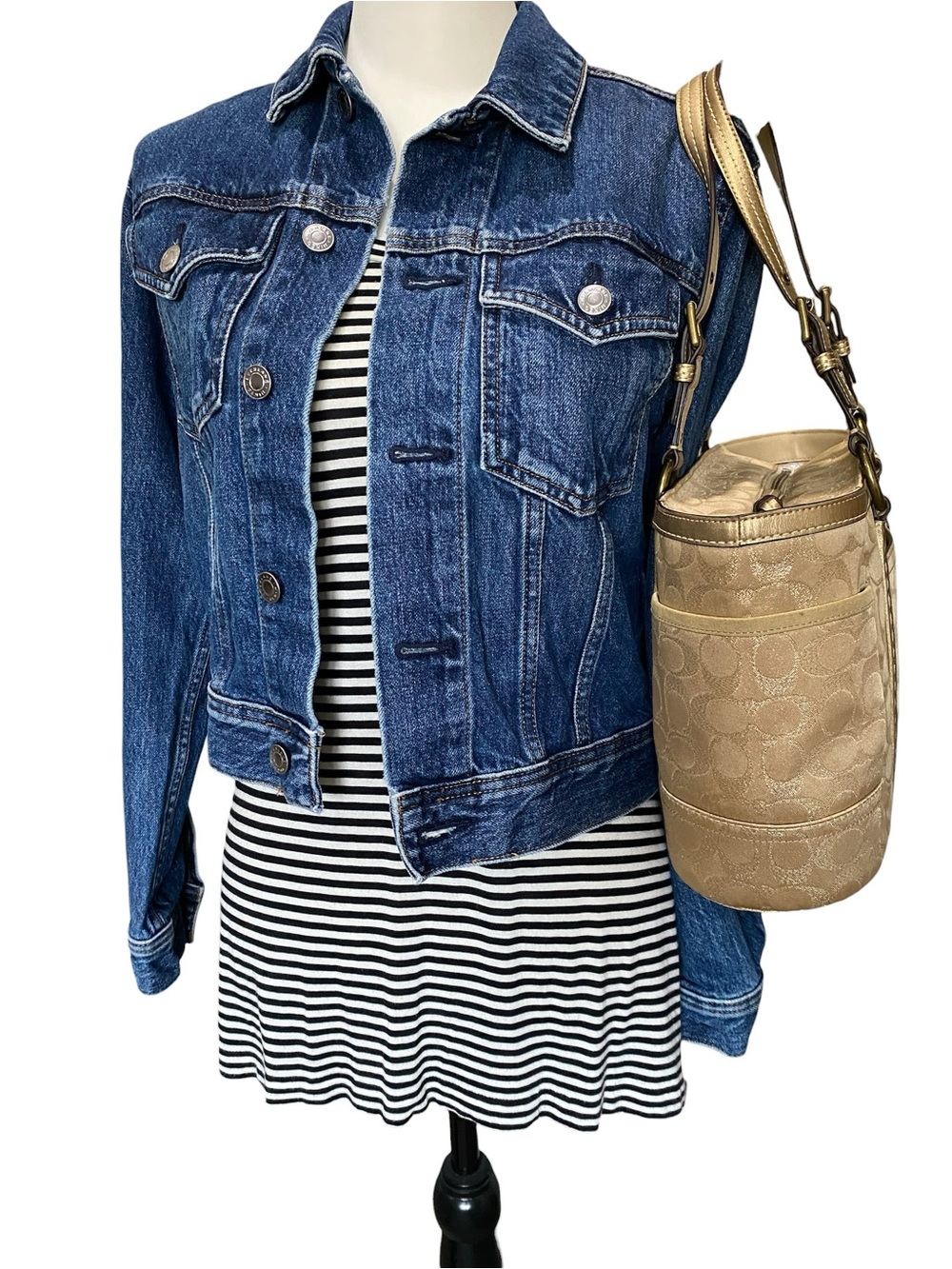 Coach Studded Signature Jacquard Gold Metallic Signature Tote with Suede Trim - Picture 5 of 17